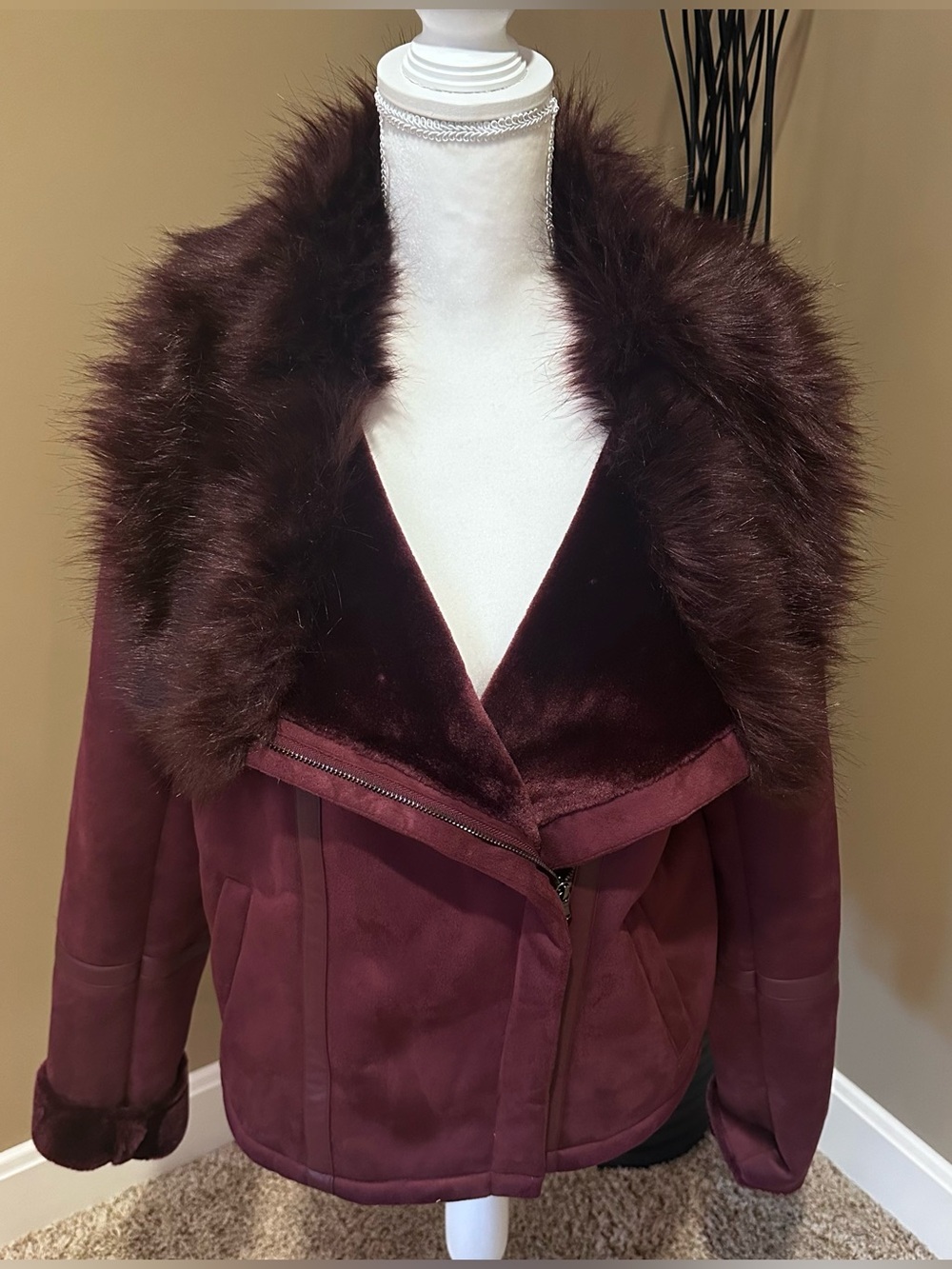 White House Black Market Wine Faux Fur Trim Teddy Jacket